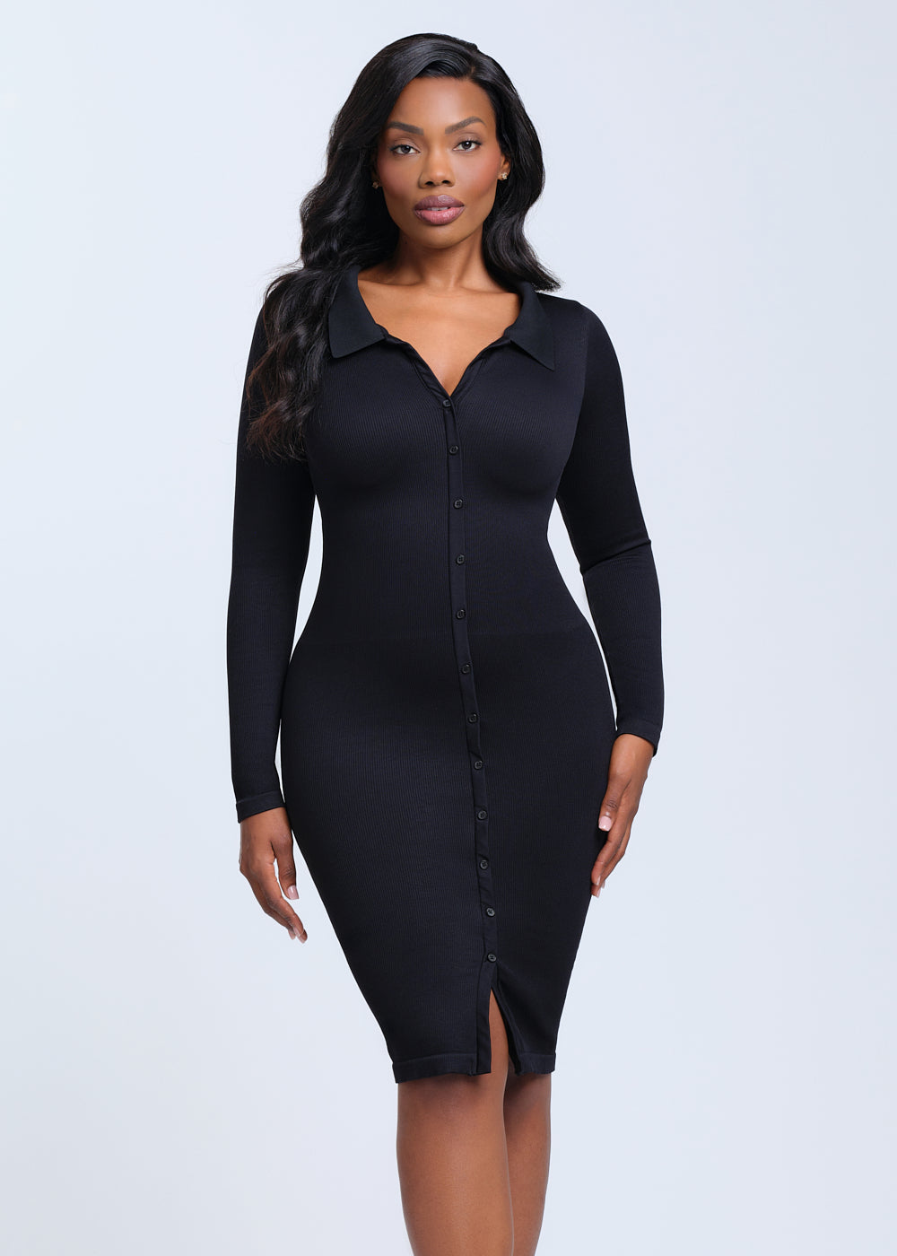 SnatchedKnit Front Button Collar Midi Dress