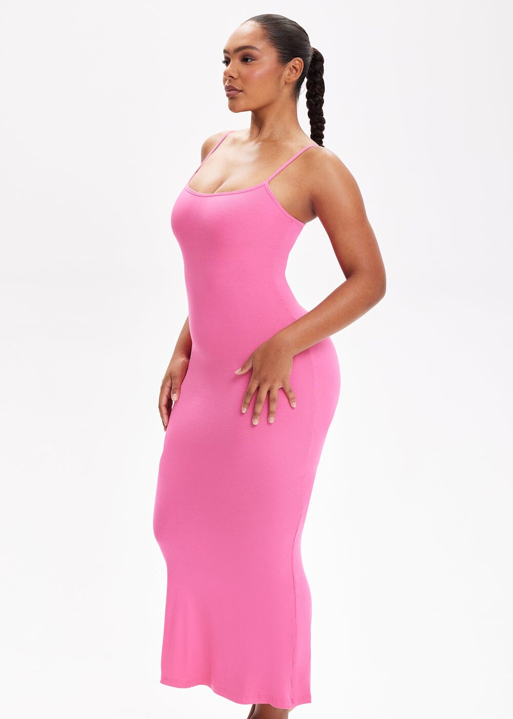 Built-In Shapewear Shorts Spaghetti Strap Midi Dress - She's Waisted