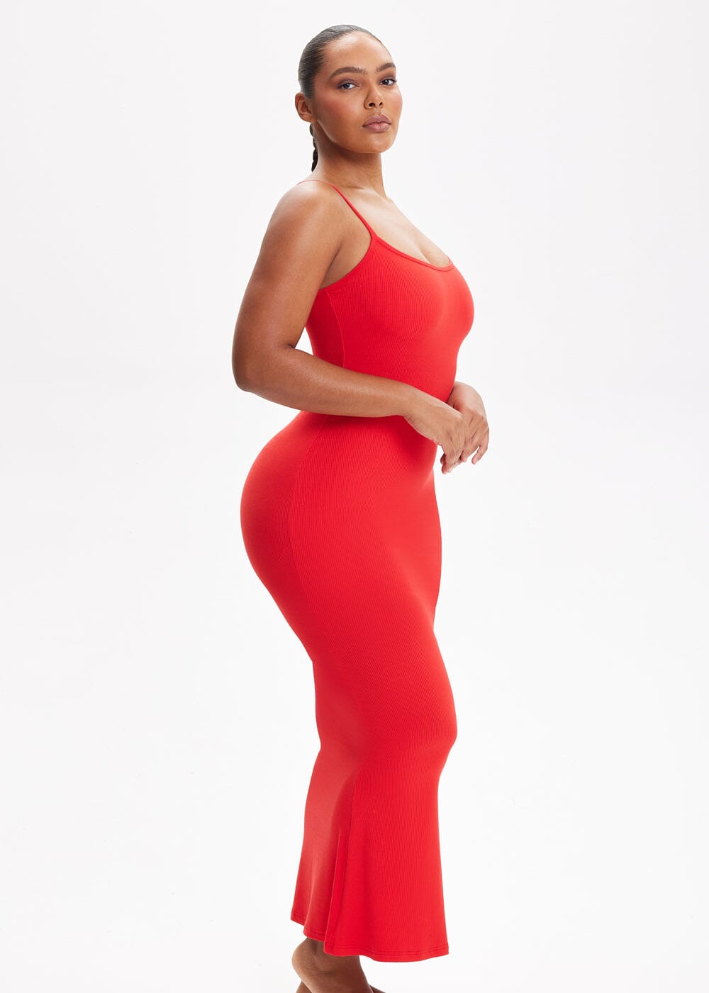 Built-In Shapewear Shorts Spaghetti Strap Midi Dress - She's Waisted