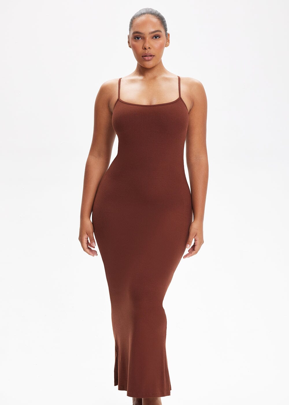 Built-In Shapewear Shorts Spaghetti Strap Midi Dress - She's Waisted