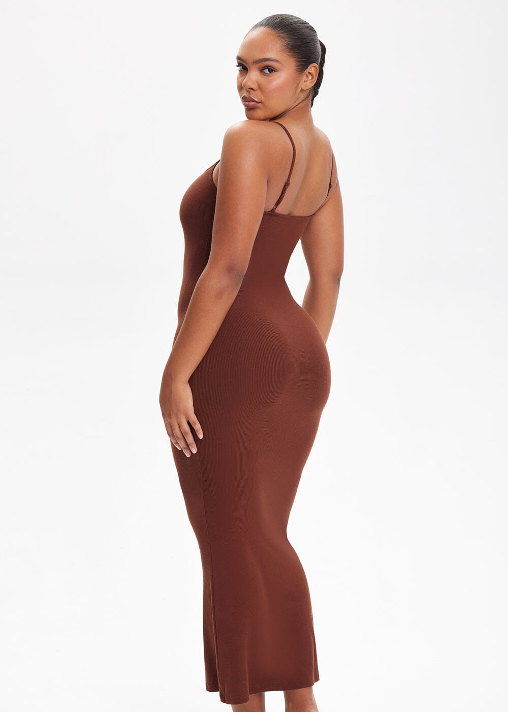 Built-In Shapewear Shorts Spaghetti Strap Midi Dress - She's Waisted