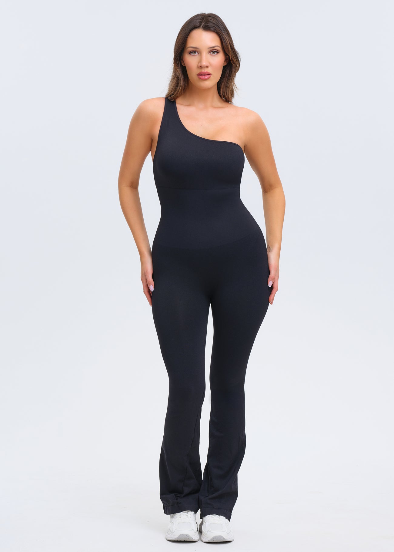 SnatchedKnit One-Shoulder Flare Jumpsuit