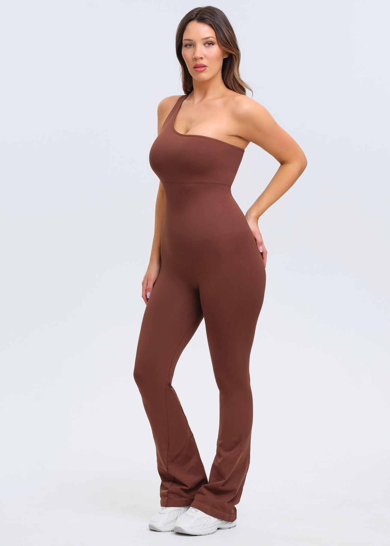 SnatchedKnit One-Shoulder Flare Jumpsuit