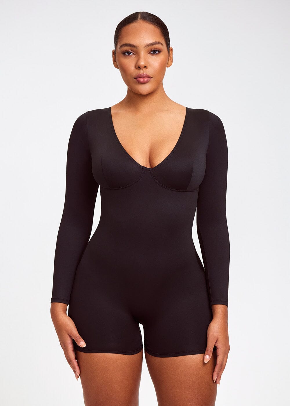 Deep V Neck Long Sleeve Women Black Plus Size Bodysuit - China