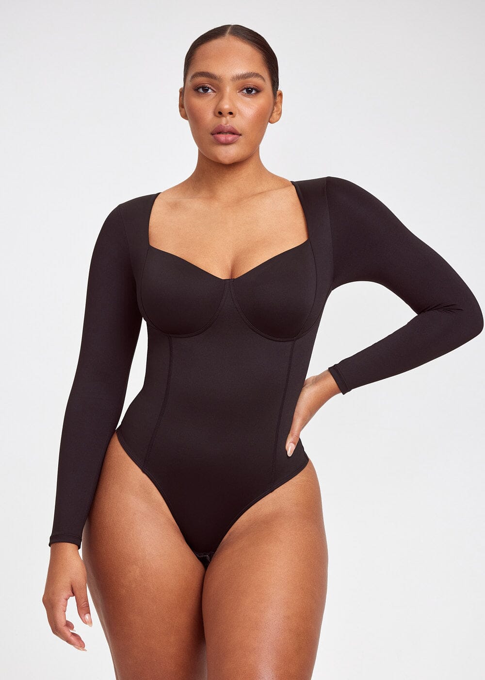 Square Neck Long Sleeve Thong Bodysuit
