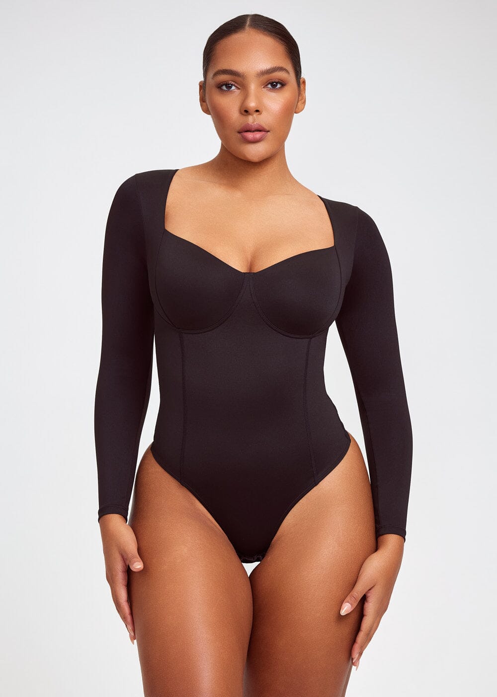 Square Neck Long Sleeve Thong Bodysuit