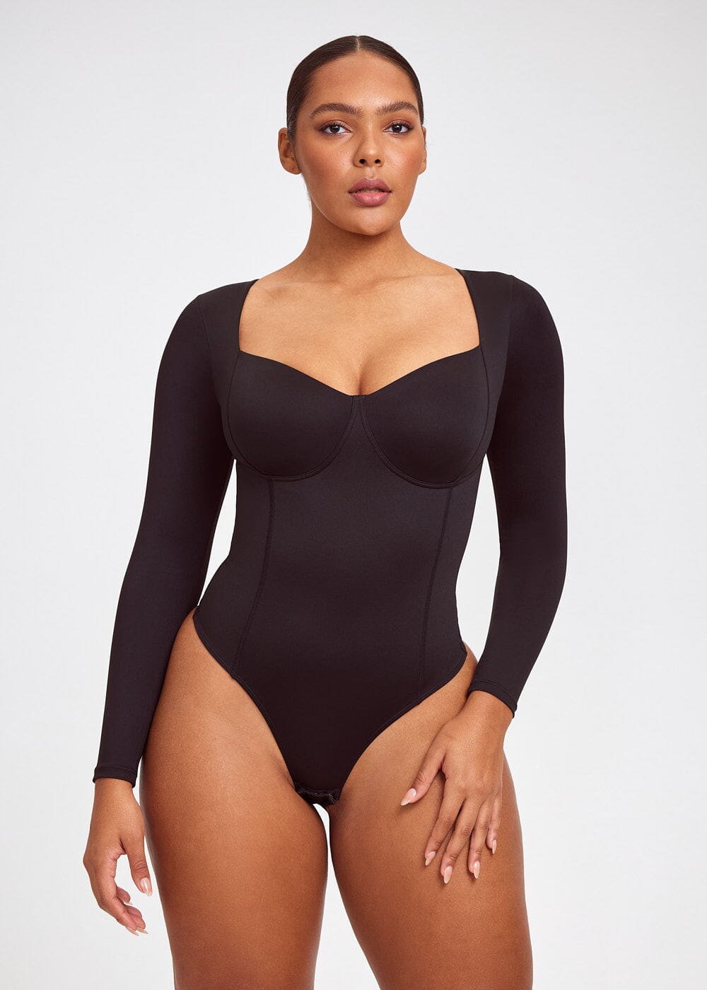 Square Neck Long Sleeve Thong Bodysuit