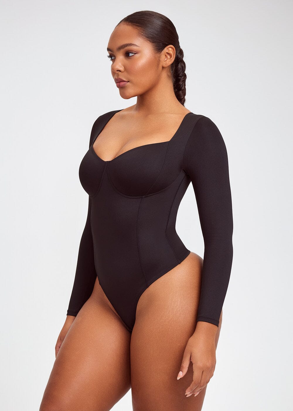Square Neck Long Sleeve Thong Bodysuit