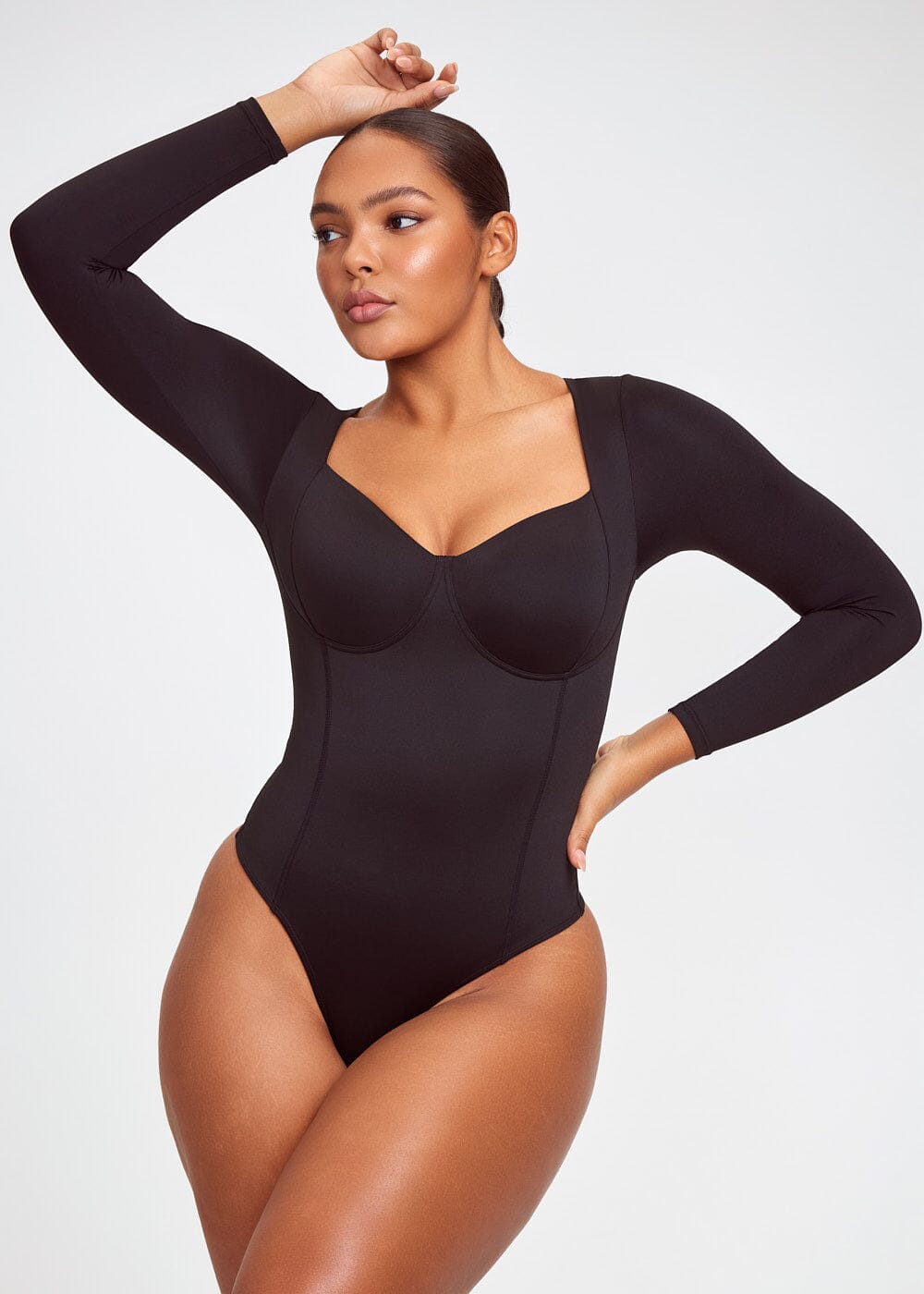 Square Neck Long Sleeve Thong Bodysuit
