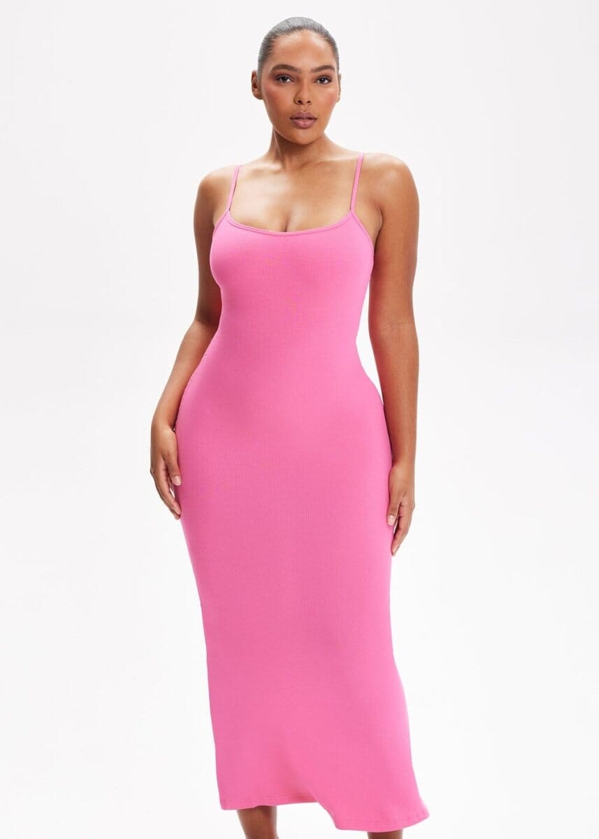 Built-In Shapewear Shorts Spaghetti Strap Midi Dress - She's Waisted