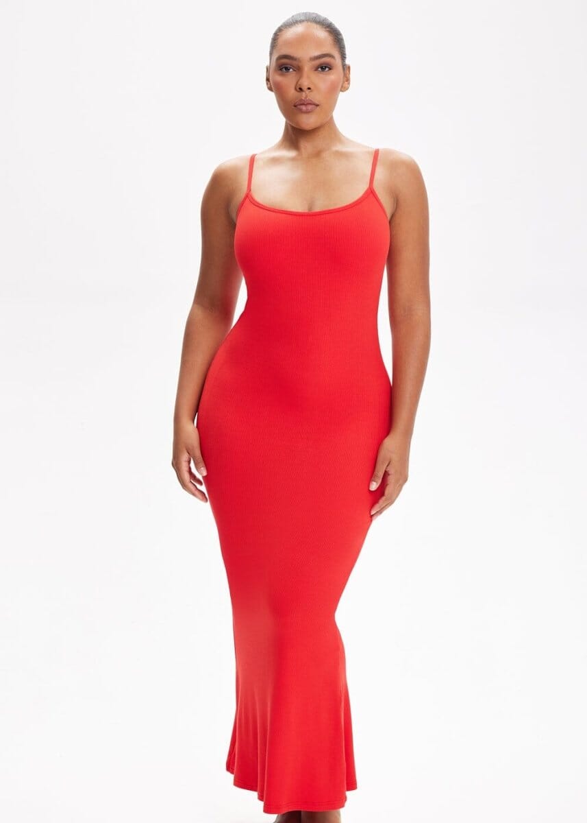 Built-In Shapewear Shorts Spaghetti Strap Midi Dress - She's Waisted