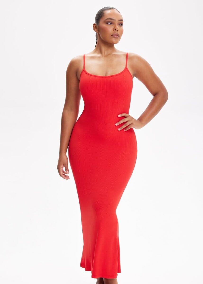 Built-In Shapewear Shorts Spaghetti Strap Midi Dress - She's Waisted