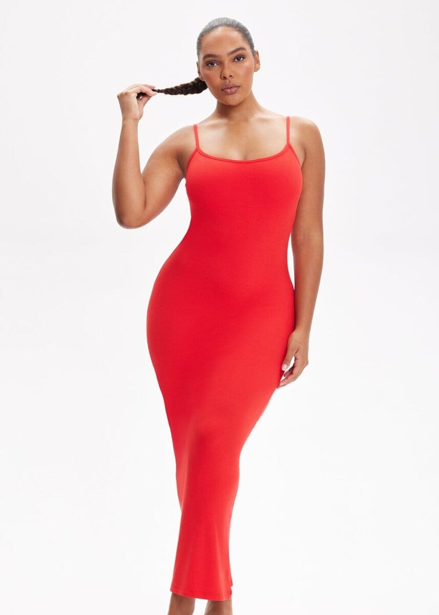 Built-In Shapewear Shorts Spaghetti Strap Midi Dress - She's Waisted
