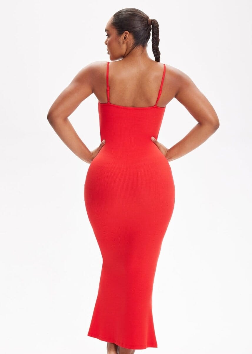 Built-In Shapewear Shorts Spaghetti Strap Midi Dress - She's Waisted
