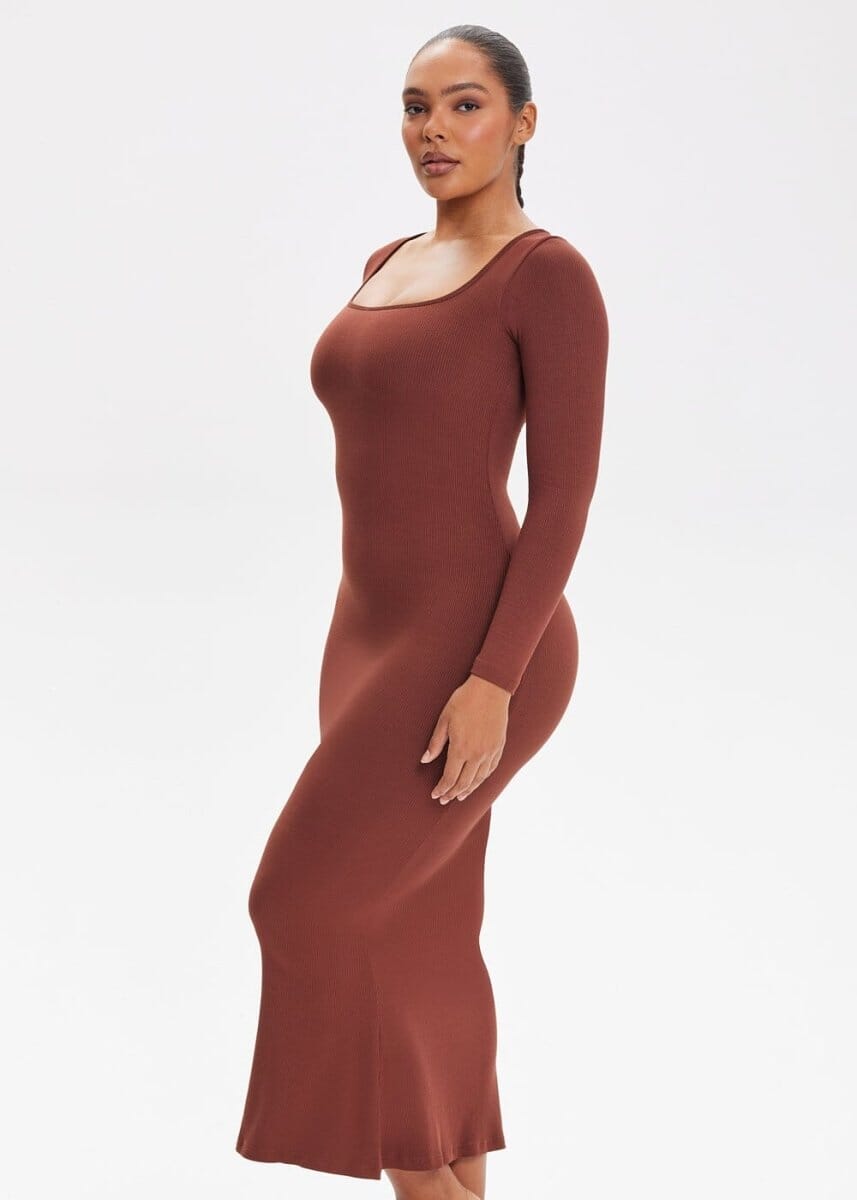 Built-In Shapewear Shorts Long Sleeve Midi Dress - She's Waisted