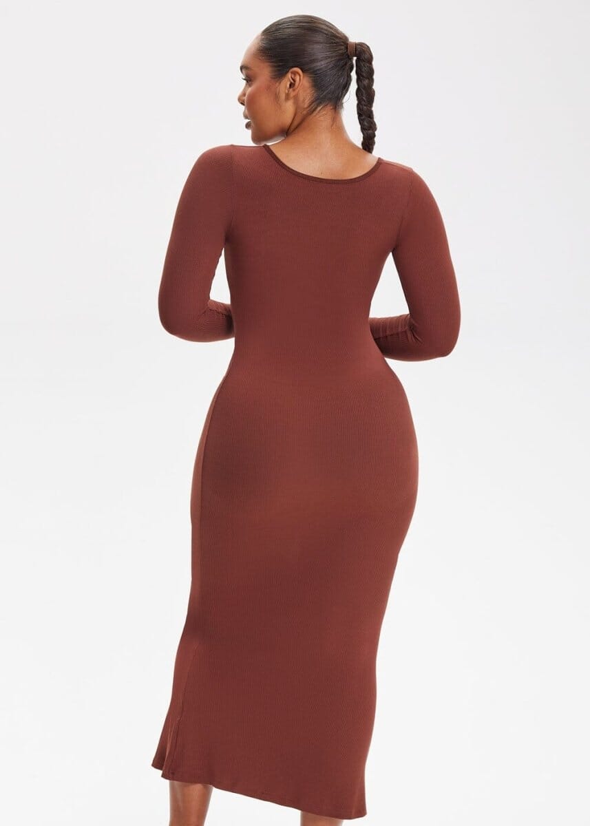 Built-In Shapewear Shorts Long Sleeve Midi Dress - She's Waisted