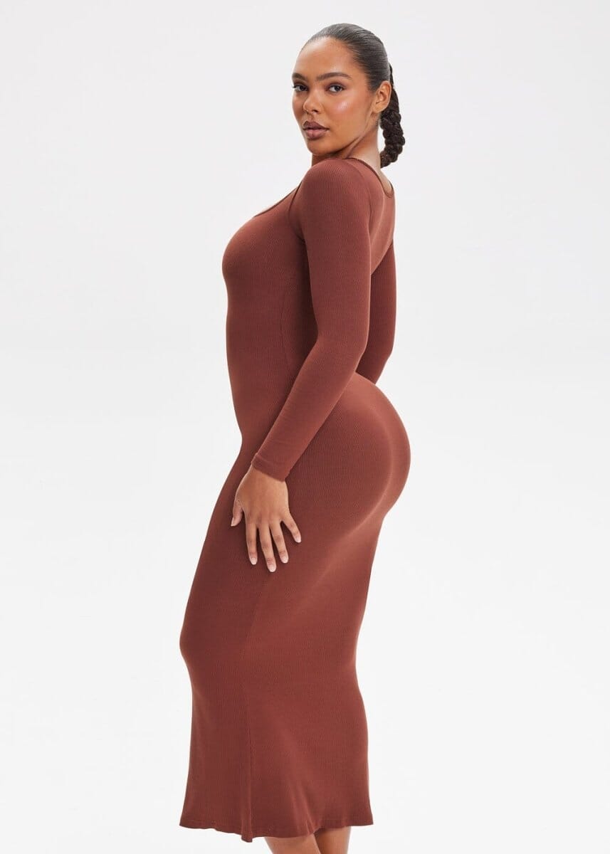 Built-In Shapewear Shorts Long Sleeve Midi Dress - She's Waisted