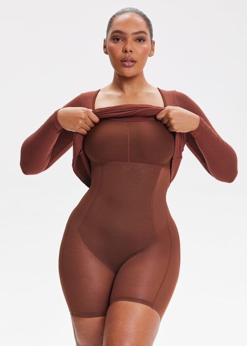 Built-In Shapewear Shorts Long Sleeve Midi Dress - She's Waisted