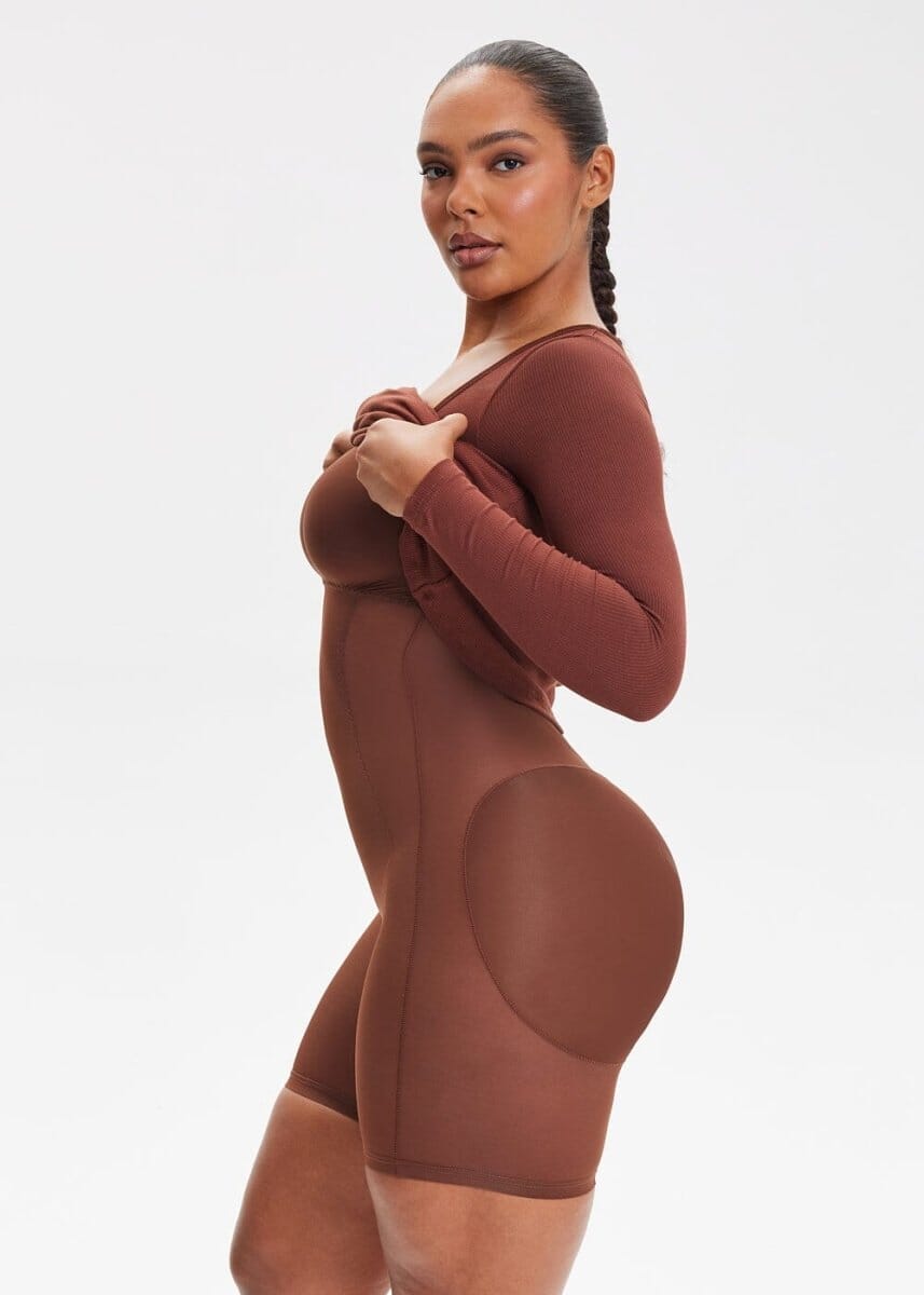Built-In Shapewear Shorts Long Sleeve Midi Dress - She's Waisted