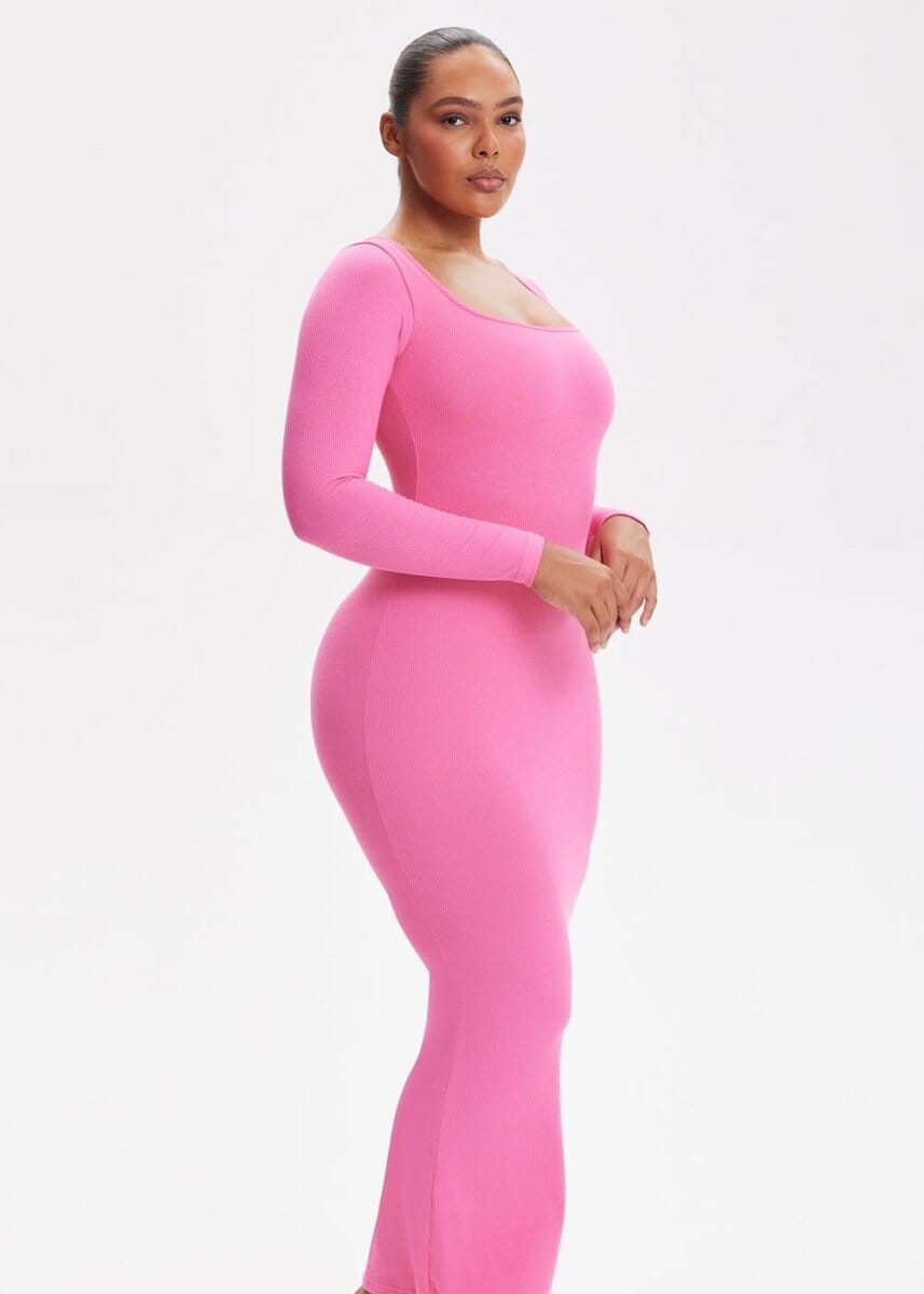 Built-In Shapewear Shorts Long Sleeve Midi Dress - She's Waisted