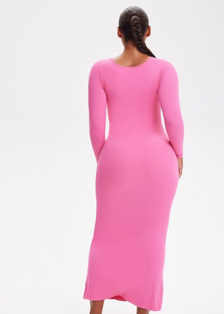 Built-In Shapewear Shorts Long Sleeve Midi Dress - She's Waisted