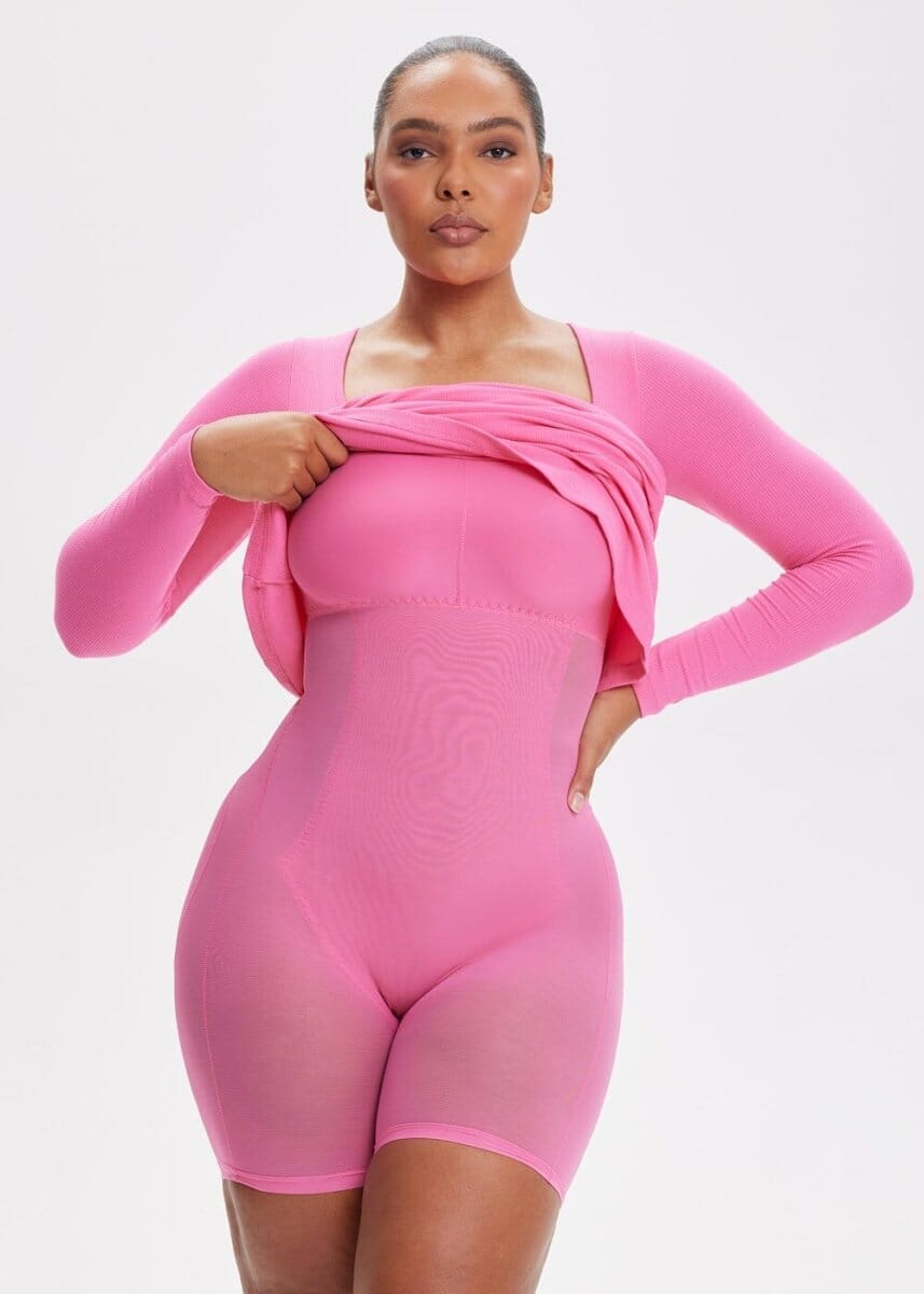 Built-In Shapewear Shorts Long Sleeve Midi Dress - She's Waisted