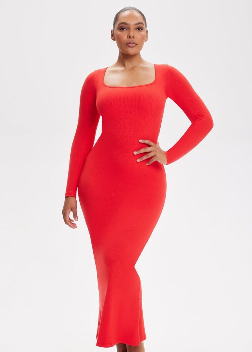 Built-In Shapewear Shorts Long Sleeve Midi Dress - She's Waisted