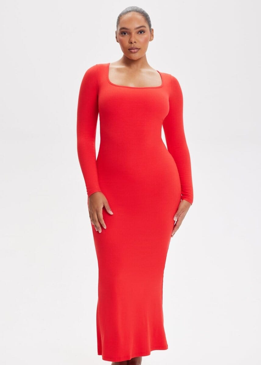 Built-In Shapewear Shorts Long Sleeve Midi Dress - She's Waisted