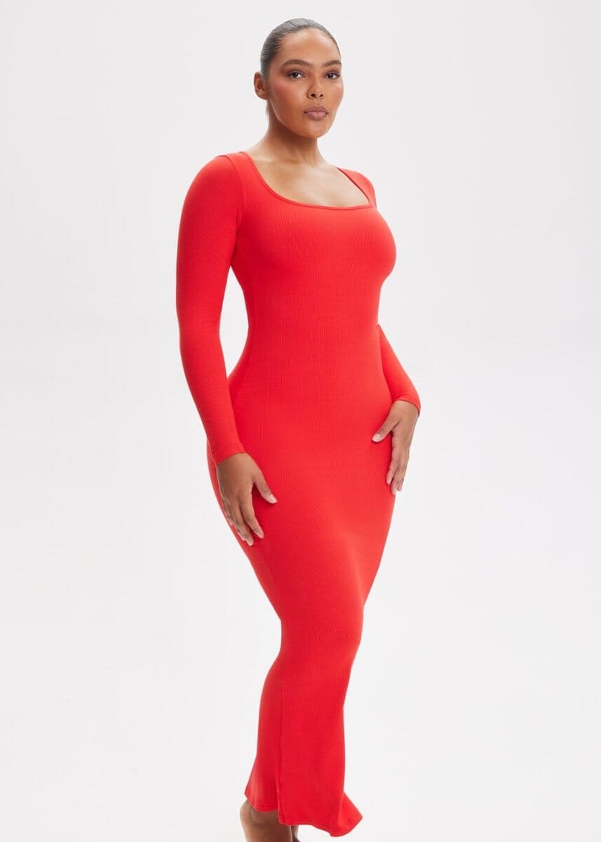 Built-In Shapewear Shorts Long Sleeve Midi Dress - She's Waisted
