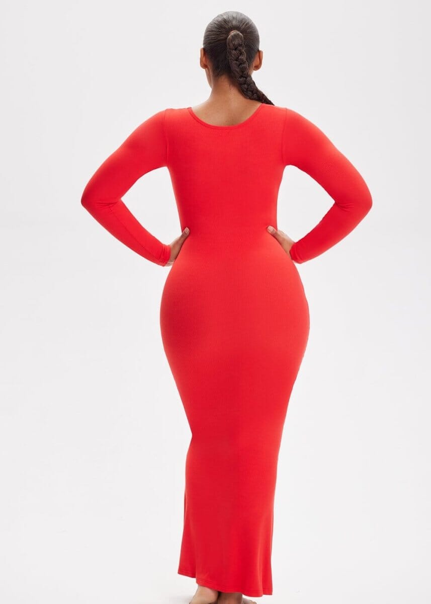 Built-In Shapewear Shorts Long Sleeve Midi Dress - She's Waisted
