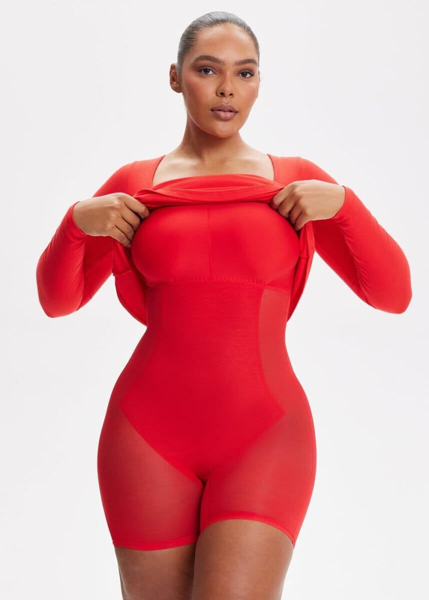 Built-In Shapewear Shorts Long Sleeve Midi Dress - She's Waisted