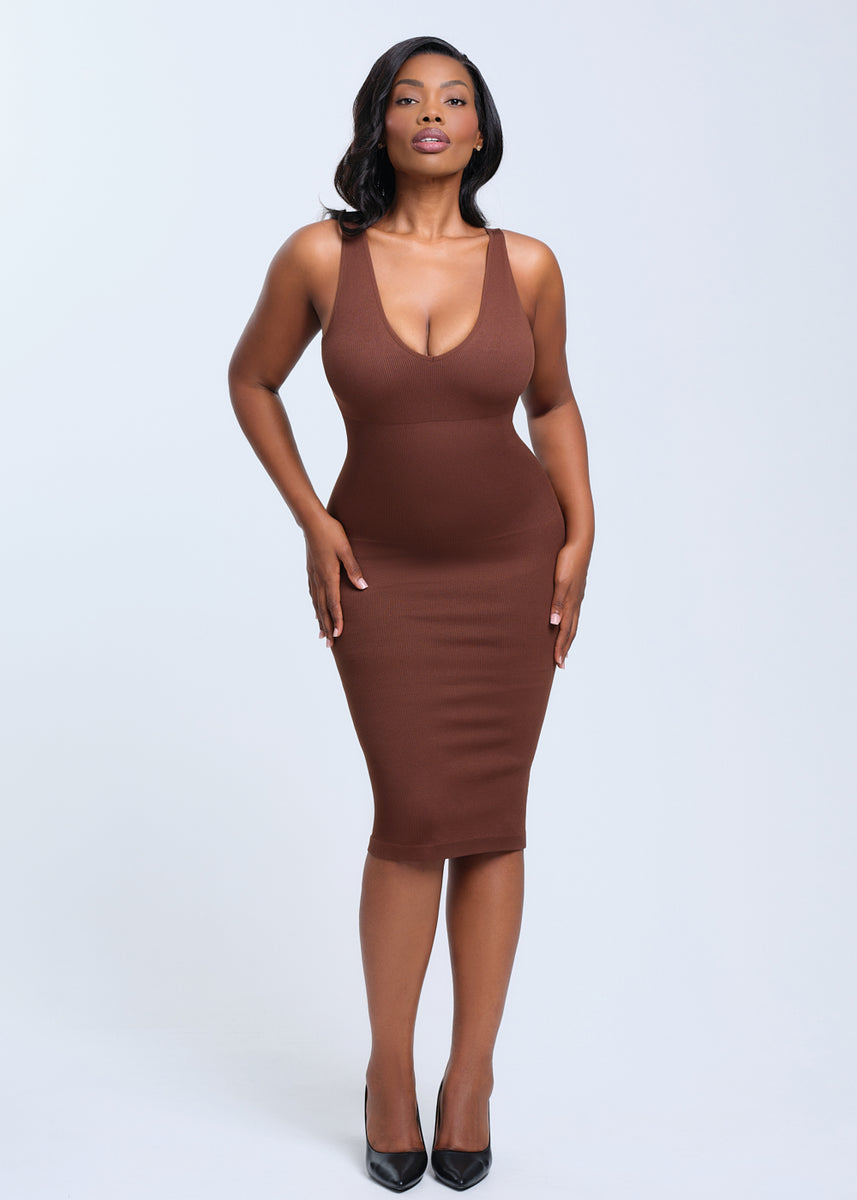 deep v neck dresses SnatchedKnit V-Neck Tank Midi Dress Brown / XS/S sheer side panels 尺寸:customize Black Wedding Dress with Moonlight Petit Crochet