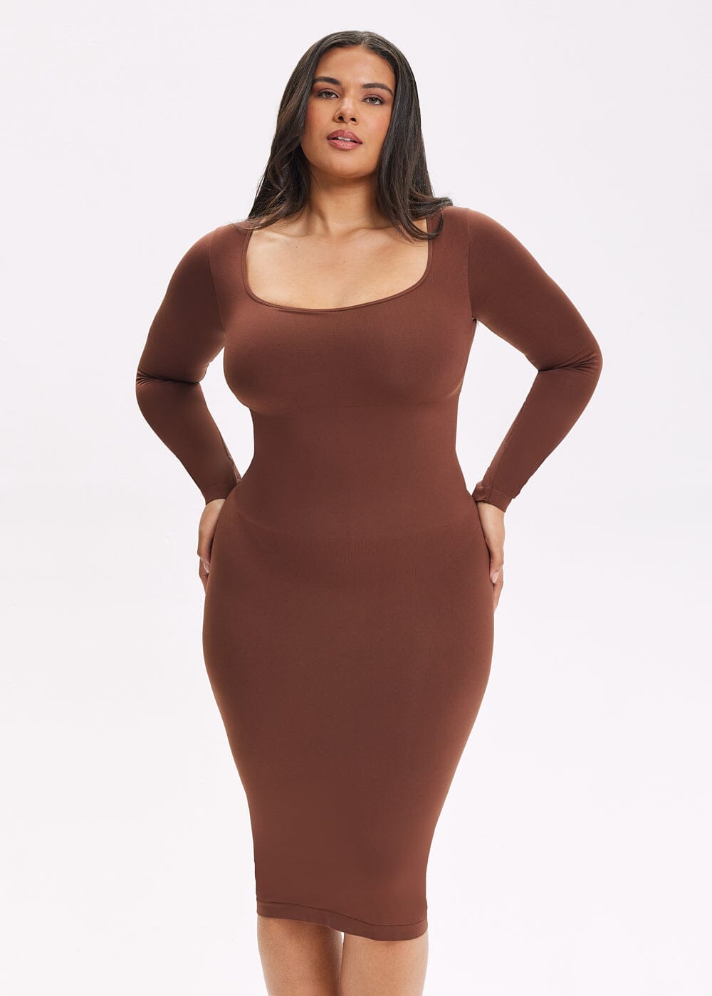 Shapewear Dress Square Neck Long Sleeve - She's Waisted