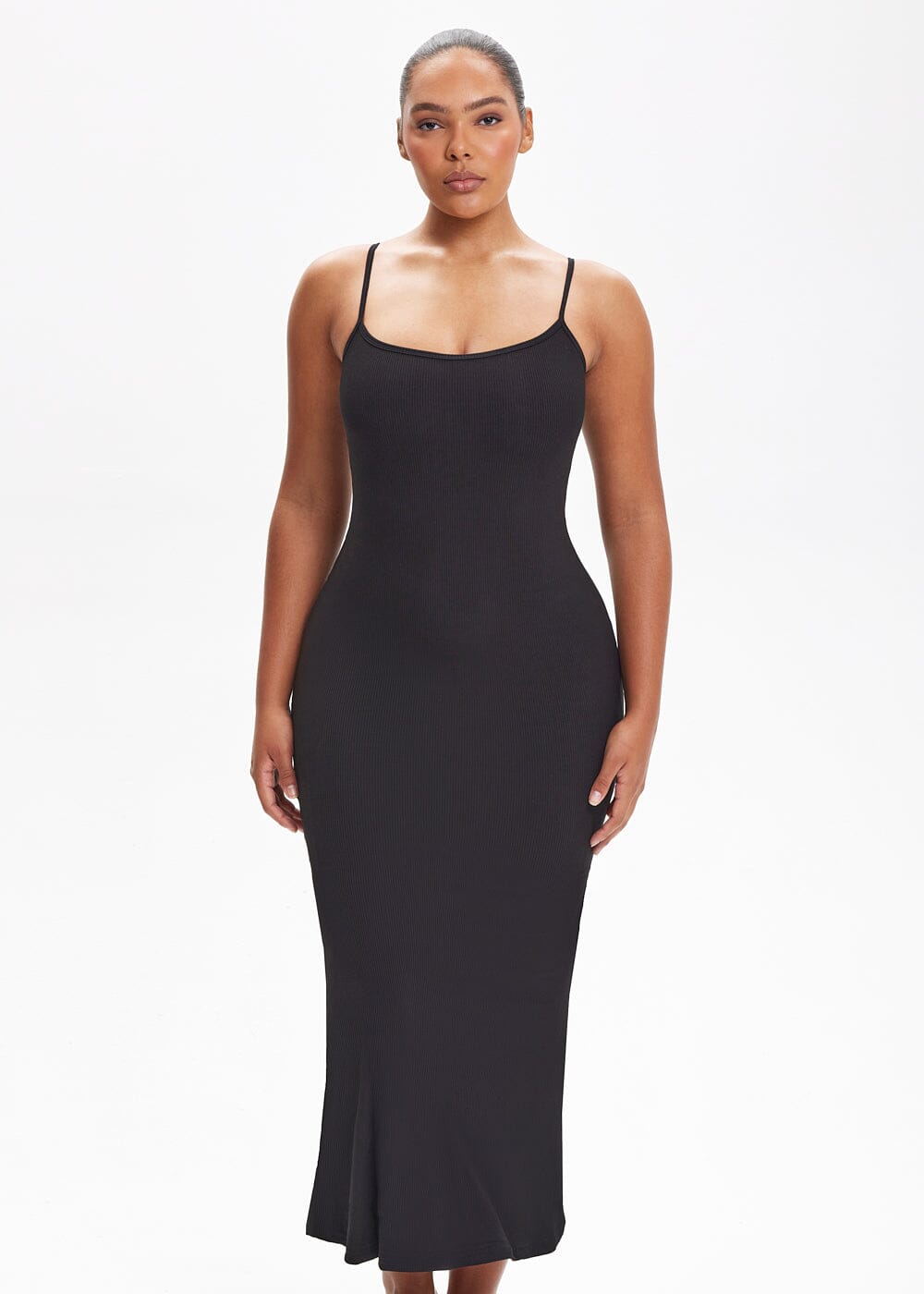 Built-In Shapewear Shorts Spaghetti Strap Midi Dress - She's Waisted