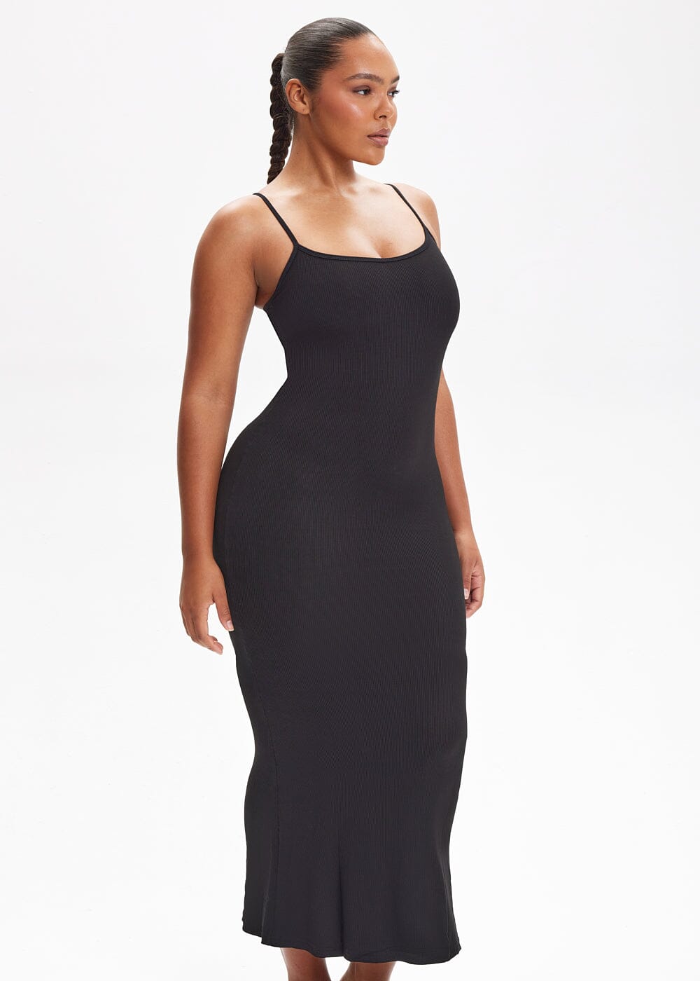 Built-In Shapewear Shorts Spaghetti Strap Midi Dress - She's Waisted