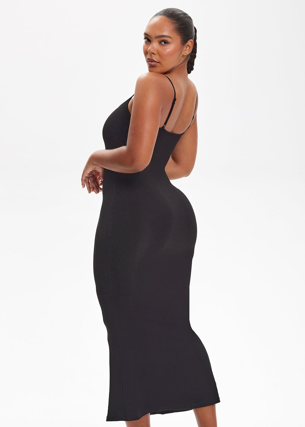 Built-In Shapewear Shorts Spaghetti Strap Midi Dress - She's Waisted