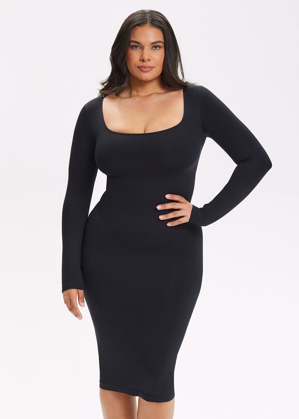 Shapewear Dress Square Neck Long Sleeve - She's Waisted