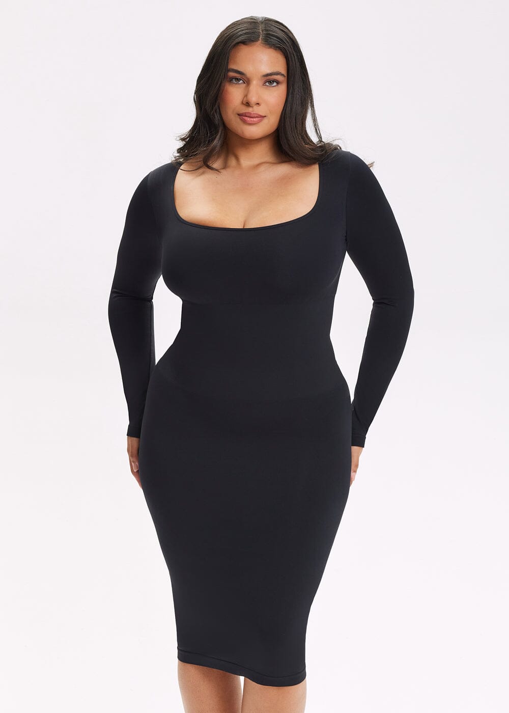 Shapewear Dress Square Neck Long Sleeve - She's Waisted