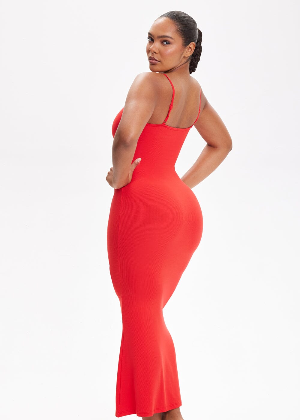 Built-In Shapewear Shorts Spaghetti Strap Midi Dress - She's Waisted