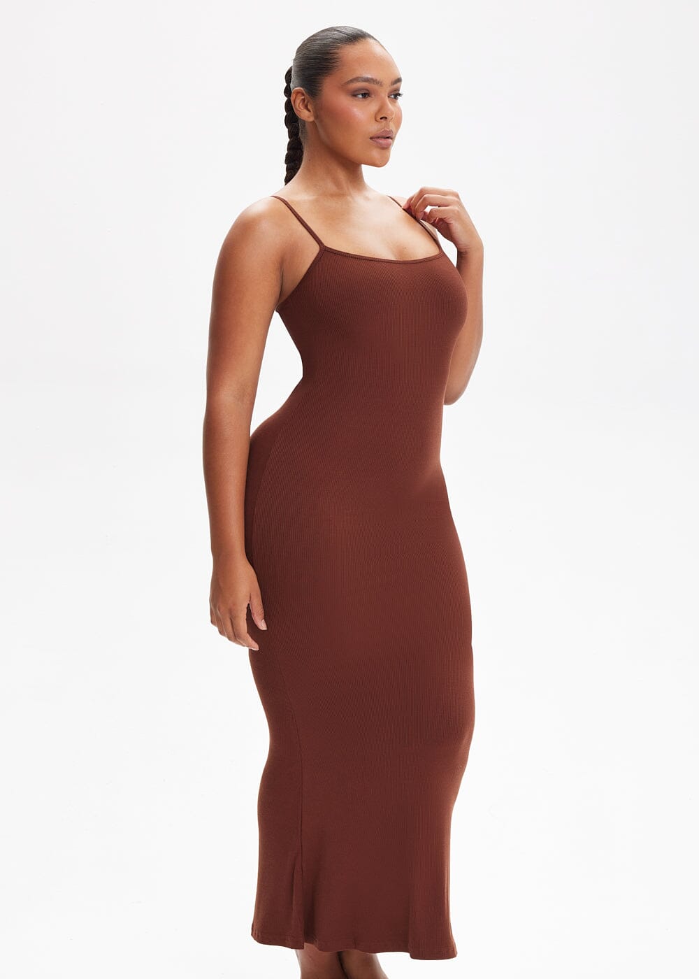 Built-In Shapewear Shorts Spaghetti Strap Midi Dress - She's Waisted