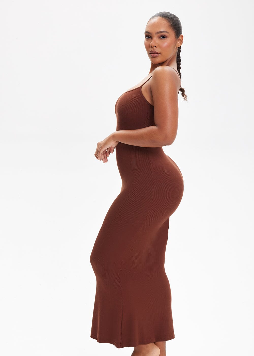 Built-In Shapewear Shorts Spaghetti Strap Midi Dress - She's Waisted