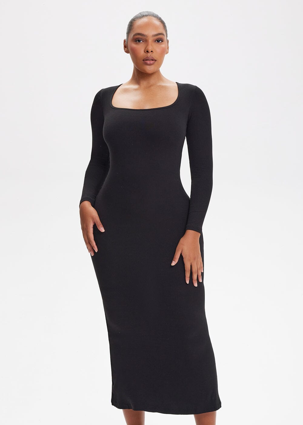 Built-In Shapewear Shorts Long Sleeve Midi Dress - She's Waisted