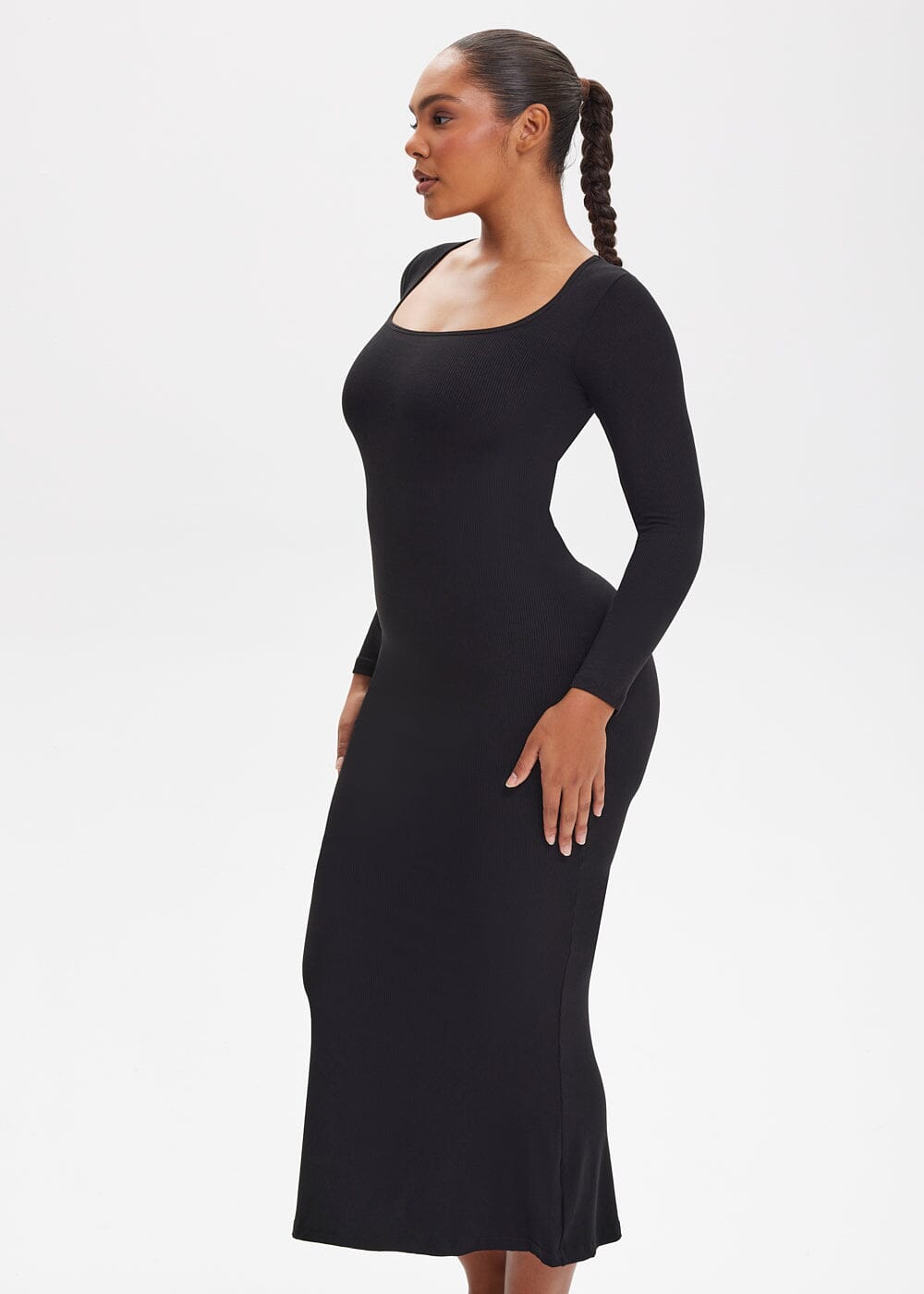 Built-In Shapewear Shorts Long Sleeve Midi Dress - She's Waisted