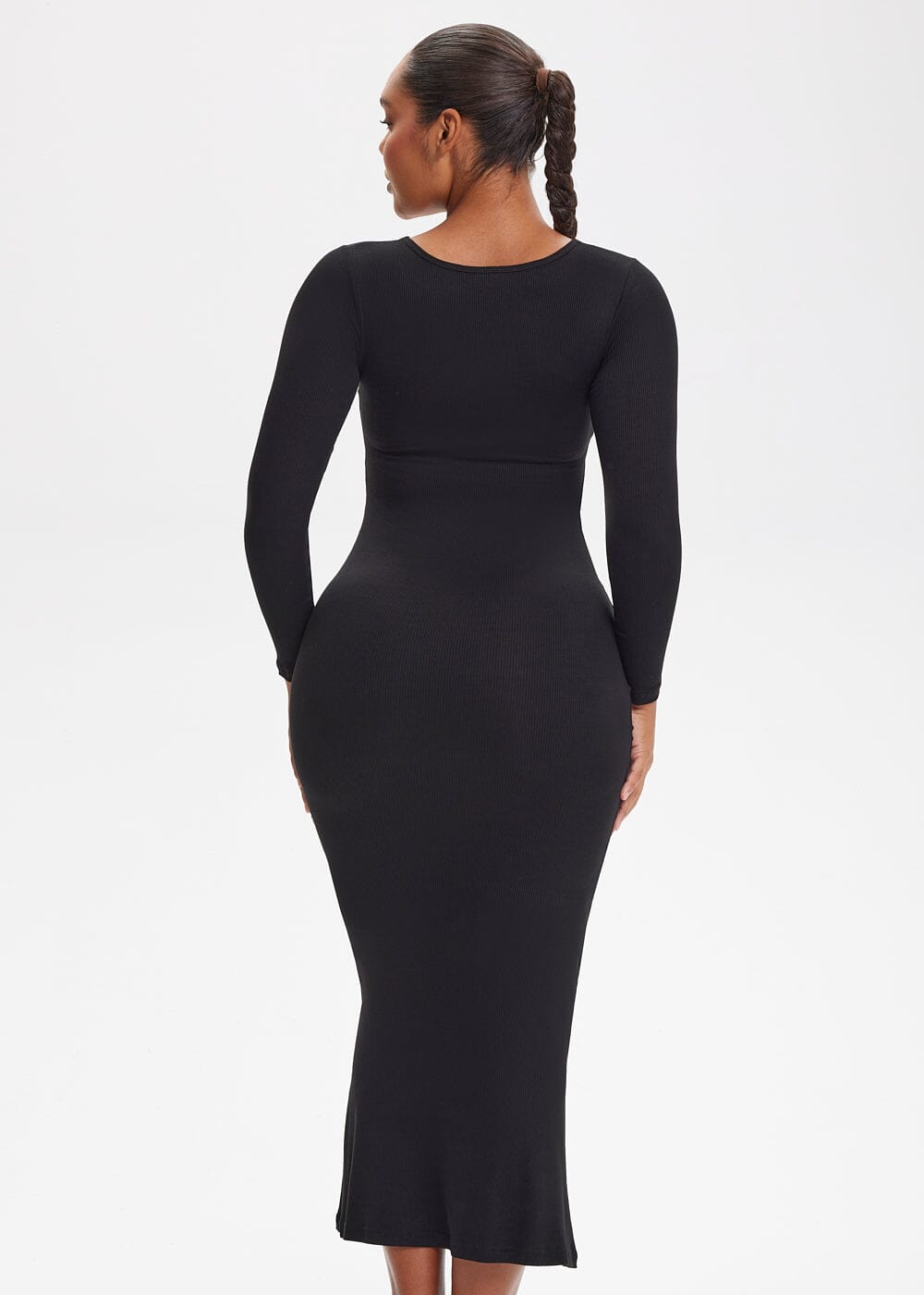 Built-In Shapewear Shorts Long Sleeve Midi Dress - She's Waisted