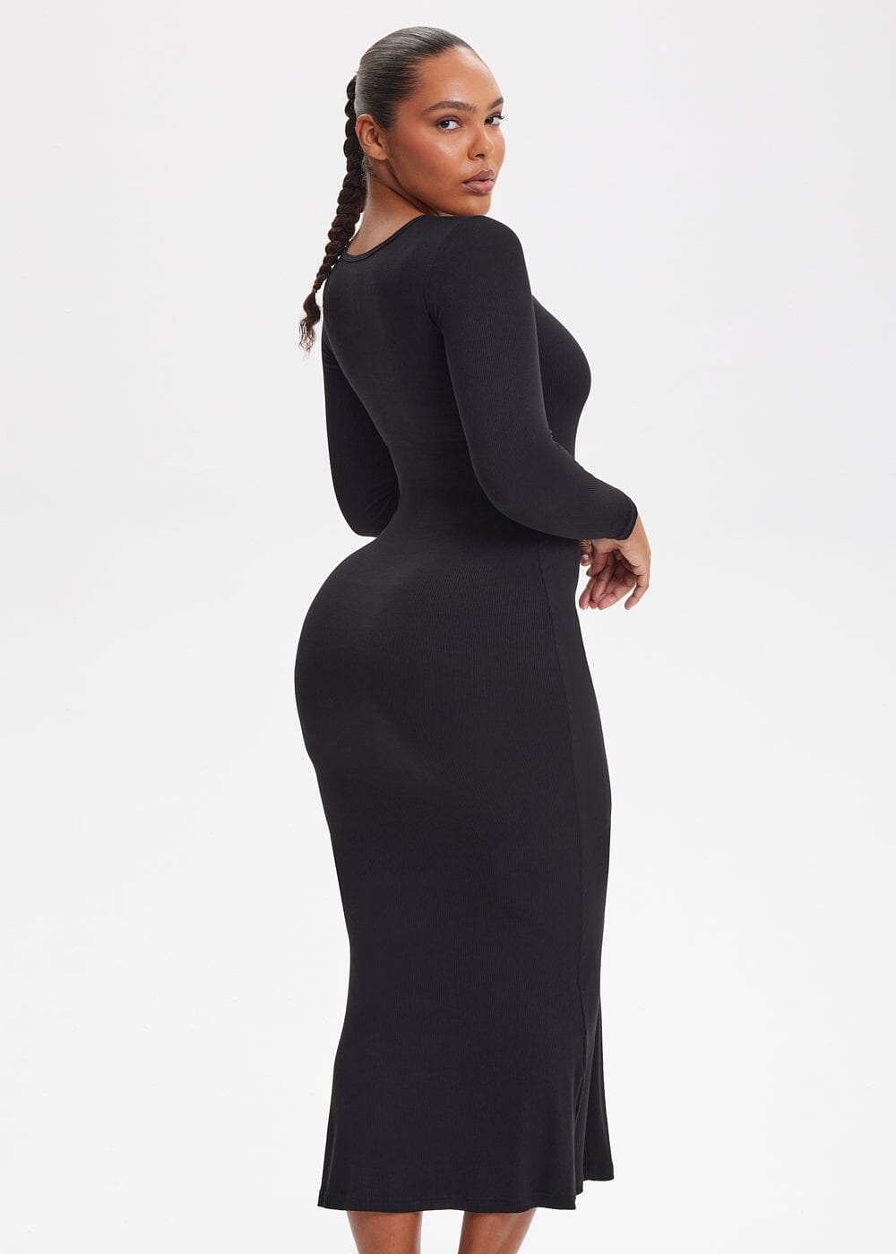 Built-In Shapewear Shorts Long Sleeve Midi Dress