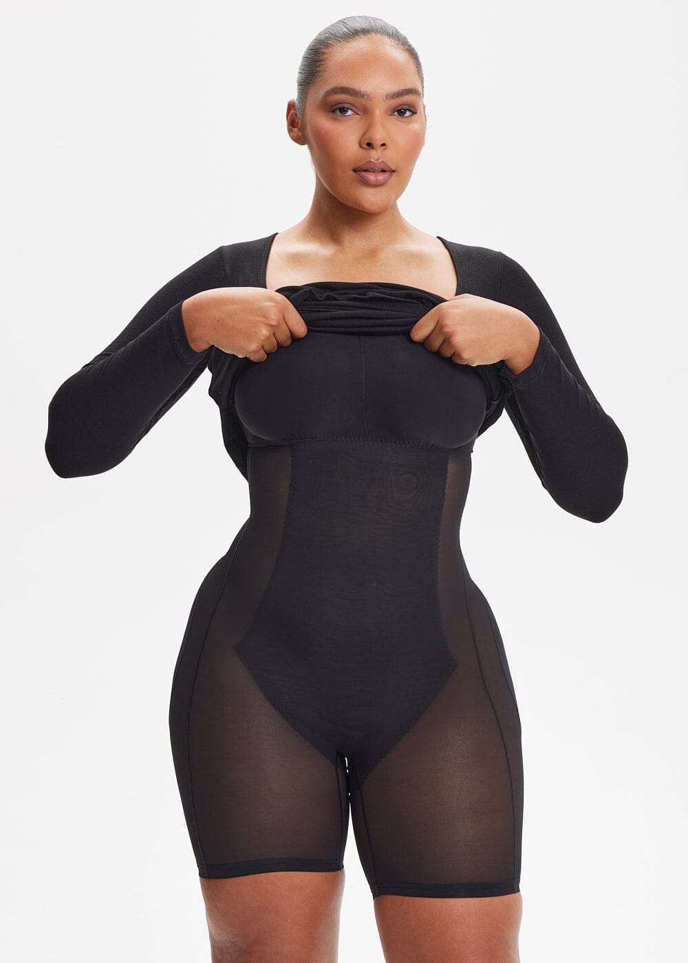 Built-In Shapewear Shorts Long Sleeve Midi Dress - She's Waisted