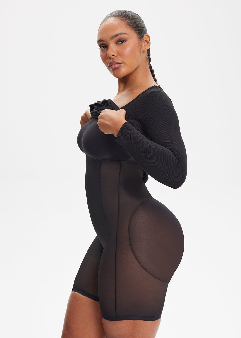 Built-In Shapewear Shorts Long Sleeve Midi Dress - She's Waisted