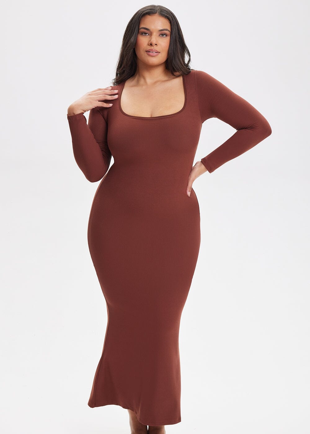 Built-In Shapewear Shorts Long Sleeve Midi Dress - She's Waisted