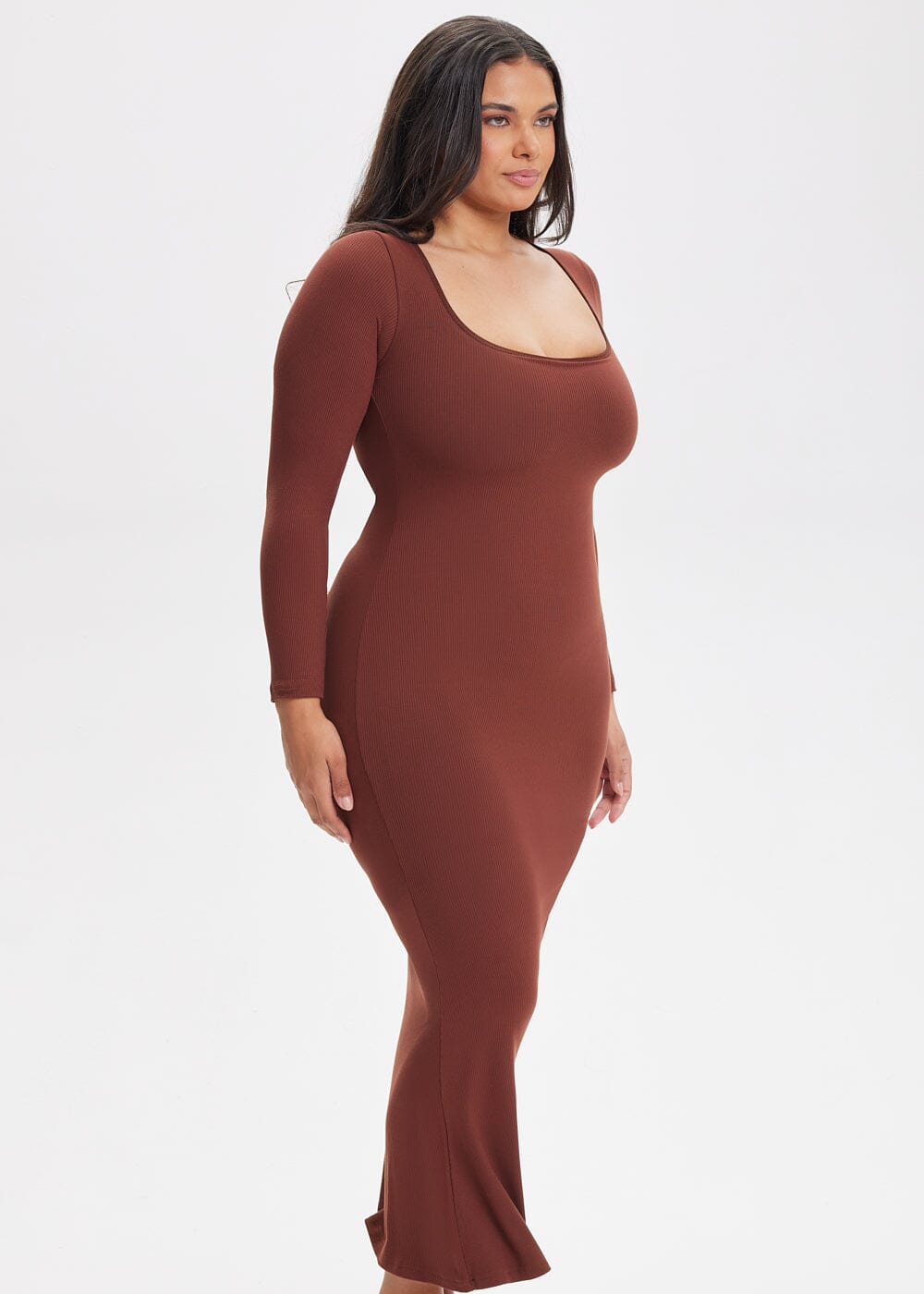 Built-In Shapewear Shorts Long Sleeve Midi Dress - She's Waisted