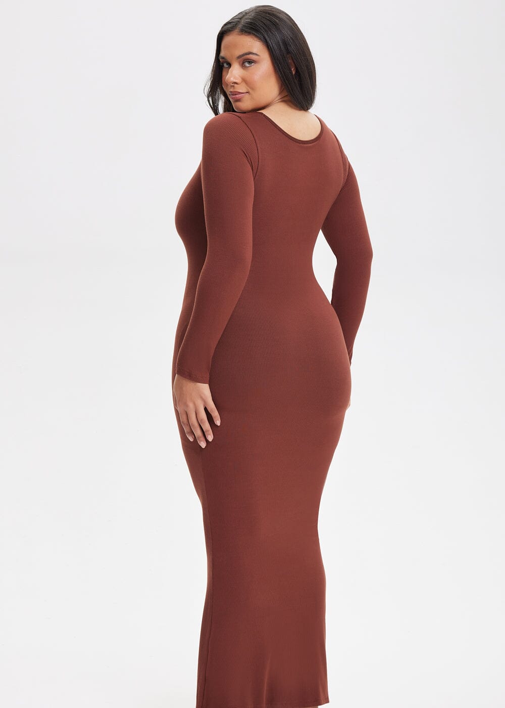 Built-In Shapewear Shorts Long Sleeve Midi Dress - She's Waisted